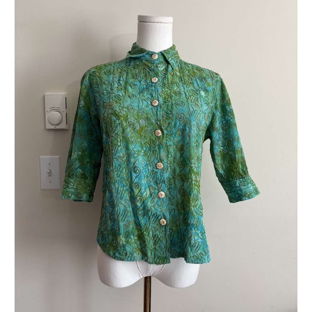 Territory Ahead Womens Small Button Up Shirt Batik Blue Teal Green Boho Hippie